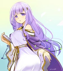 Rule 34 | 1girl, bare shoulders, book, cape, circlet, detached sleeves, dress, fire emblem, fire emblem: genealogy of the holy war, hair between eyes, holding, julia (fire emblem), long hair, looking at viewer, looking back, nintendo, open mouth, purple eyes, purple hair, ribbon, smile, solo, twitter username, white dress, yukia (firstaid0)
