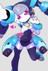 Rule 34 | 1girl, android, blue sailor collar, colored sclera, commentary, commentary request, dear stage, grey background, hand on headphones, heart, highres, humanoid robot, joints, leg up, medarot, no mouth, outstretched arm, pink sclera, robot, robot girl, ryuuta (cure ryuuta), sailor collar, simple background, solo focus, standing, standing on one leg, thighhighs, twintails, zettai ryouiki