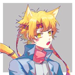 Rule 34 | 1boy, animal ears, blonde hair, blue jacket, caesar anthonio zeppeli, cat ears, cat tail, facial mark, fang, feather hair ornament, feathers, green eyes, hair ornament, headband, highres, jacket, jojo no kimyou na bouken, kemonomimi mode, male focus, pickieeeee, pink scarf, scarf, solo, tail, tail ornament, tail ring, triangle print, yellow eyes
