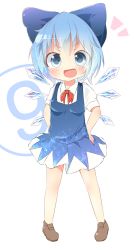 Rule 34 | 1girl, akisha, bad id, bad pixiv id, blue eyes, blue hair, blush, bow, cirno, dress, fang, female focus, hair bow, looking at viewer, matching hair/eyes, open mouth, short hair, smile, solo, touhou, wings