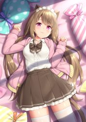 Rule 34 | 1girl, :3, animal ears, bed, bed sheet, brown hair, brown necktie, brown skirt, cardigan, cat ears, cat girl, cat tail, commentary request, hair between eyes, hair ribbon, highres, long hair, looking at viewer, lying, maid headdress, necktie, on back, original, paw pose, pillow, pink cardigan, plaid, plaid skirt, purple eyes, ribbon, sasaame, shadow, shirt, sidelocks, skirt, solo, swept bangs, tail, thighhighs, twintails, white shirt, white thighhighs, zettai ryouiki