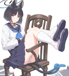Rule 34 | 1girl, :/, animal ears, black hair, black ribbon, blue archive, blue halo, blue neckerchief, blue sailor collar, blue skirt, book, book stack, cat ears, cat girl, cat tail, chair, closed mouth, commentary request, fangxiang cuoluan, grey eyes, halo, highres, kikyou (blue archive), kneehighs, light blush, long sleeves, looking at viewer, multiple tails, neck ribbon, neckerchief, on chair, panties, pantyshot, pleated skirt, ribbon, sailor collar, sandals, school uniform, shirt, short hair, simple background, sitting sideways, skirt, socks, solo, tail, toes, two tails, underwear, white background, white panties, white shirt, white socks