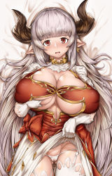 Rule 34 | 10s, 1girl, alicia (granblue fantasy), breasts, censored, curvy, dakimakura (medium), draph, earrings, granblue fantasy, horns, huge breasts, ion (cation), jewelry, legs, long hair, mosaic censoring, pointy ears, red eyes, silver hair, smile, solo, thick thighs, thighhighs, thighs, white thighhighs