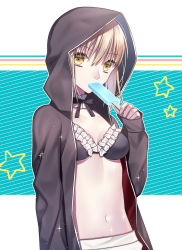 Rule 34 | 1girl, artoria pendragon (alter swimsuit rider) (fate), artoria pendragon (alter swimsuit rider) (second ascension) (fate), artoria pendragon (fate), bikini, bikini top only, black bikini, black jacket, black ribbon, blonde hair, bon (satz), breasts, choker, cleavage, collarbone, fate/grand order, fate (series), food, frilled bikini, frilled bikini top, frills, hair between eyes, highres, holding, holding food, hood, hooded jacket, ice cream, jacket, looking at viewer, maid, maid bikini, navel, neck ribbon, open clothes, open jacket, open mouth, ribbon, short hair, small breasts, solo, sparkle, stomach, swimsuit, unconventional maid, upper body, yellow eyes