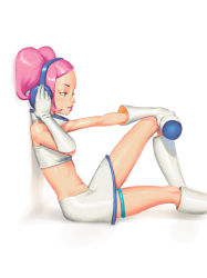 Rule 34 | 1girl, against wall, aqua eyes, boots, crop top, detached collar, energy gun, flat chest, forehead, gloves, headphones, highres, holding, holding microphone, knee boots, latex, latex boots, latex gloves, latex skirt, leg up, listening to music, microphone, miniskirt, pink hair, pink lips, ray gun, sega, short hair, short twintails, sitting, skirt, solo, space channel 5, thigh strap, tom waterhouse, twintails, ulala, weapon, white background, white footwear, white gloves, white skirt, wireless