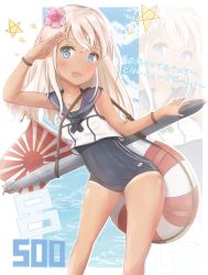Rule 34 | 1girl, absurdres, armband, blue eyes, character name, covered navel, crop top, flag, flower, gluteal fold, hair flower, hair ornament, highres, jerry3912, kantai collection, lifebuoy, one-piece swimsuit, one-piece tan, rising sun flag, ro-500 (kancolle), salute, school swimsuit, smile, solo, star (symbol), sunburst, swim ring, swimsuit, swimsuit under clothes, tan, tanline, thighs, torpedo, translation request