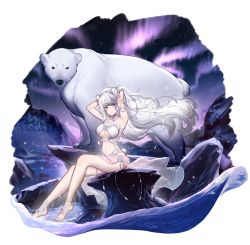 Rule 34 | 1girl, absurdres, animal, animal ears, arknights, arms behind head, aurora, bear, bear ears, bear tail, bikini, blue eyes, blue hair, blue nails, breasts, chinese commentary, commentary request, fengchaoqu, floating hair, full body, gem, hair ornament, highres, long hair, looking at viewer, multicolored hair, multicolored nails, nail polish, navel, outdoors, polar bear, red eyes, red hair, red nails, rock, rosa (arknights), sitting, snow, snowflake hair ornament, snowflake ornament, solo, streaked hair, swimsuit, tail, toenail polish, toenails, underboob, very long hair, white background, white bikini, white hair