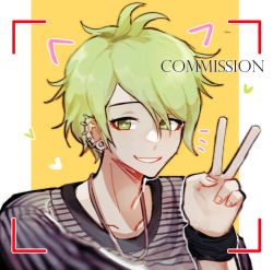 Rule 34 | 1boy, amami rantaro, animal ears, barry nah, collarbone, danganronpa (series), danganronpa v3: killing harmony, ear piercing, earrings, fake animal ears, green eyes, green hair, hand up, heart, jewelry, looking at viewer, male focus, messy hair, necklace, notice lines, piercing, portrait, shirt, short hair, smile, solo, striped clothes, striped shirt, upper body, v, yellow background