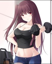Rule 34 | 1girl, bare arms, bare shoulders, black shirt, blurry, blush, breasts, bullpup, camisole, cleavage, closed mouth, collarbone, cowboy shot, crop top, denim, denim shorts, depth of field, dumbbell, exercising, frown, girls&#039; frontline, groin, gun, halterneck, hand on own hip, hand up, highres, keenh, large breasts, long hair, looking at viewer, midriff, name connection, navel, object namesake, one side up, purple hair, red eyes, rifle, shirt, short shorts, shorts, sleeveless, sleeveless shirt, sniper rifle, solo, strap gap, v-shaped eyebrows, wa2000 (girls&#039; frontline), walther, walther wa 2000, weapon, weightlifting, weights