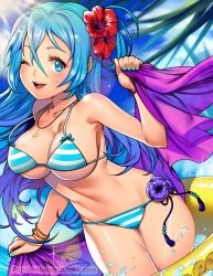 Rule 34 | 1girl, bikini, blue eyes, blue hair, bracelet, breasts, dutch angle, flower, hair down, hair flower, hair ornament, hatsune miku, innertube, jewelry, large breasts, long hair, looking at viewer, matching hair/eyes, nail polish, navel, necklace, one eye closed, open mouth, popsiclebunny, solo, striped bikini, striped clothes, swim ring, swimsuit, vocaloid