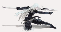 Rule 34 | 1girl, black gloves, blue eyes, boots, cal (calcalpoi), gloves, high heel boots, high heels, highres, holding, holding polearm, holding spear, holding weapon, long hair, nier (series), nier:automata, official alternate costume, outstretched hand, polearm, shadow, simple background, solo, spear, weapon, white hair, a2 (nier:automata)