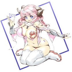 Rule 34 | 10s, 1girl, 2015, blue eyes, breasts, chinese zodiac, cleavage, covered erect nipples, horns, large breasts, looking at viewer, new year, open mouth, pink hair, simple background, smile, solo, takada kazuhiro, thighhighs, white background, white thighhighs, year of the goat