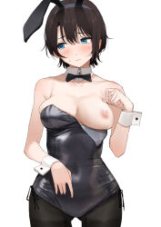 Rule 34 | 1girl, alternate costume, animal ears, bare shoulders, black bow, black bowtie, black hair, black leotard, black pantyhose, blue eyes, blush, bow, bowtie, breasts, closed mouth, commentary request, covered navel, detached collar, embarrassed, fake animal ears, highres, hololive, large breasts, leotard, looking to the side, mitsuru (pixiv 34028718), nipples, one breast out, oozora subaru, pantyhose, parted bangs, playboy bunny, rabbit ears, short hair, side-tie leotard, simple background, skindentation, solo, strapless, strapless leotard, sweat, very short hair, virtual youtuber, white background, white wrist cuffs, wrist cuffs