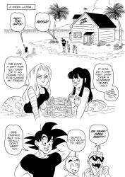 Rule 34 | 2girls, 3boys, android 18, bald, beach, beard, black hair, breasts, chi-chi (dragon ball), cleavage, cloud, dragon ball, dragonball z, facial hair, fins, fish tail, funsexydb, greyscale, highres, island, kame house, kuririn, large breasts, long hair, mermaid, monochrome, monster girl, monsterification, multiple boys, multiple girls, mustache, muten roushi, name on shirt, ocean, scales, son goku, spiked hair, striped sleeves, sunglasses, tail, treasure chest