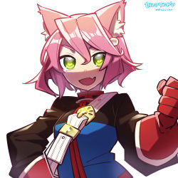 Rule 34 | 1girl, 7th dragon, 7th dragon (series), :d, animal ears, black jacket, cat ears, cat girl, fighter (7th dragon), gloves, green eyes, harukara (7th dragon), highres, jacket, long sleeves, looking at viewer, open mouth, pink hair, red gloves, short hair, simple background, smile, solo, white background, zassou