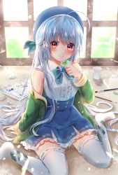 Rule 34 | 1girl, ahoge, blue bow, blue headwear, blue skirt, blush, bow, brooch, clover, cup, four-leaf clover, frilled skirt, frills, green jacket, grey hair, happi (michiru donut), highres, holding, holding clover, indoors, jacket, jewelry, long hair, looking at viewer, michiru donut, original, paintbrush, shirt, sitting, skirt, sleeveless, sleeveless shirt, smile, solo, thighhighs, very long hair, wariza, white thighhighs, window