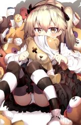 Rule 34 | 10s, 1girl, absurdres, boko (girls und panzer), brown eyes, collared shirt, covering own mouth, girls und panzer, highres, light brown hair, long hair, mary janes, panties, ranf, selection university military uniform, shimada arisu, shirt, shoes, side ponytail, sketch, solo, striped clothes, striped thighhighs, stuffed animal, stuffed toy, teddy bear, thighhighs, underwear, white panties, white shirt