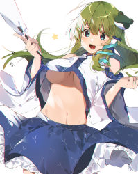 Rule 34 | 1girl, absurdres, blue eyes, blue skirt, breasts, collared shirt, detached sleeves, frog hair ornament, gohei, green eyes, green hair, hair ornament, higa (gominami), highres, kochiya sanae, long hair, navel, no bra, nontraditional miko, open mouth, shirt, skirt, sleeveless, sleeveless shirt, snake hair ornament, touhou, underboob, white background, white shirt