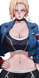 Rule 34 | 1girl, alternate breast size, black choker, black pants, black sports bra, blonde hair, blue eyes, blue jacket, bluecup, breasts, cammy white, choker, cleavage, crop top, cropped jacket, fingerless gloves, forehead, gloves, hand on own hip, highres, jacket, large breasts, lips, midriff, navel, pants, parted lips, scar, scar on face, short hair, solo, sports bra, stomach, straight-on, street fighter, street fighter 6, white background