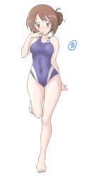 Rule 34 | 1girl, absurdres, arm behind back, blush, breasts, brown eyes, brown hair, closed mouth, commentary request, competition swimsuit, covered navel, eyelashes, finger to mouth, full body, hair bun, hand up, highres, leg up, one-piece swimsuit, original, purple one-piece swimsuit, simple background, single hair bun, smile, solo, swimsuit, tax2rin, toenails, toes