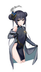 Rule 34 | absurdres, black dress, black hair, blue archive, breasts, butterfly hair ornament, china dress, chinese clothes, double bun, dragon print, dress, grey eyes, grey jacket, hair bun, hair ornament, halo, highres, jacket, kisaki (blue archive), komi (komiking), long hair, looking at viewer, pelvic curtain, print dress, simple background, small breasts, striped clothes, striped jacket, thighs, twintails, vertical-striped clothes, vertical-striped jacket, white background
