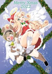 Rule 34 | 2girls, absurdres, amashoku39, angel, angel wings, animal costume, antlers, ass, bell, bike shorts, black shorts, blonde hair, blush, breasts, cameltoe, christmas, cleavage, collar, green eyes, hairband, halo, hat, highres, horns, jashin-chan dropkick, long hair, looking at viewer, multiple girls, neck bell, one eye closed, open mouth, pekora (jashin-chan dropkick), poporon (jashin-chan dropkick), reindeer antlers, reindeer costume, santa costume, santa hat, short hair, shorts, small breasts, smile, wings, yellow eyes