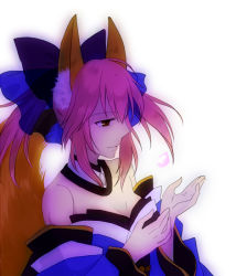 Rule 34 | 10s, 1girl, animal ear fluff, animal ears, bad id, bad pixiv id, bare shoulders, bow, breasts, cleavage, collar, detached collar, detached sleeves, fate/extra, fate (series), fox ears, fox tail, hair between eyes, hair bow, hair ribbon, izru, japanese clothes, medium breasts, petals, pink hair, ribbon, sidelocks, simple background, smile, solo, tail, tamamo (fate), tamamo no mae (fate/extra), twintails, white background, yellow eyes