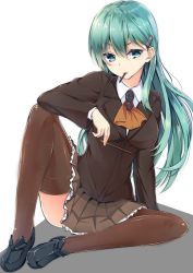 Rule 34 | 10s, 1girl, aqua eyes, aqua hair, brown thighhighs, food, hair ornament, hairclip, kantai collection, long hair, looking at viewer, pleated skirt, pocky, school uniform, sitting, skirt, solo, suishin tenra, suitenjh, suzuya (kancolle), thighhighs, white background