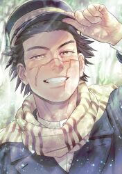 Rule 34 | 1boy, birthday, facial scar, forest, ganpiro, golden kamuy, grin, hat, highres, holding, holding clothes, holding hat, kepi, light particles, looking at viewer, male focus, military hat, nature, scar, scar on cheek, scar on face, scar on nose, scarf, short hair, smile, solo, sugimoto saichi, sunlight, upper body