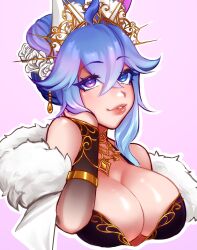 Rule 34 | 1girl, blue hair, breasts, chinese clothes, cottontail (vtuber), cottontailva, earrings, feather boa, gold, gradient hair, heterochromia, highres, indie virtual youtuber, jewelry, large breasts, light blush, lips, multicolored hair, smile, tiara, virtual youtuber, voice actor
