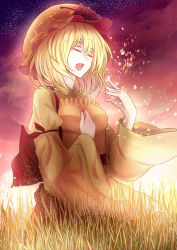 Rule 34 | 1girl, absurdres, aki minoriko, armband, ase tou mi kaameru, bad id, bad pixiv id, blonde hair, closed eyes, dress, food, fruit, gradient background, grapes, grass, hand on own chest, hat, highres, long sleeves, open mouth, short hair, sky, smile, solo, sparks, star (sky), starry sky, touhou