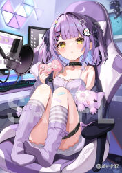 Rule 34 | 1girl, bandaid, bandaid on knee, bandaid on leg, belt collar, black collar, blunt bangs, blush, chair, collar, commentary request, controller, dress, game controller, gaming chair, ghost hair ornament, hair ornament, hair ribbon, hairclip, highres, holding, holding controller, holding game controller, indoors, keyboard (computer), knees up, long sleeves, looking at viewer, microphone, monitor, no shoes, off shoulder, open mouth, purple hair, purple socks, purple sweater, ribbon, sample watermark, satoupote, shinomiya runa, shinomiya runa (1st costume), short hair, sidelocks, sitting, sleeves past wrists, socks, solo, sweater, swivel chair, thigh strap, virtual youtuber, vspo!, watermark, white dress, x hair ornament, yellow eyes