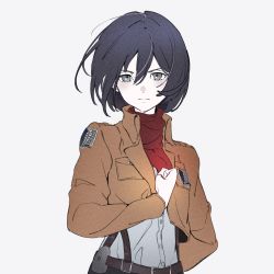 Rule 34 | 1girl, :|, badge, belt, black belt, black hair, breast pocket, brown jacket, buckle, buttons, clenched hand, closed mouth, collared jacket, dot nose, grey background, grey eyes, hair between eyes, hand on own chest, highres, jacket, light frown, long sleeves, looking at viewer, mikasa ackerman, natsume hinako, paradis military uniform, pocket, red scarf, scarf, shingeki no kyojin, shirt, short hair, simple background, solo, standing, upper body, white shirt