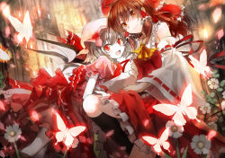 Rule 34 | 2girls, asuka shirou, bow, brown eyes, bug, butterfly, closed mouth, detached sleeves, dress, female focus, hair bow, hakurei reimu, insect, japanese clothes, miko, multiple girls, open mouth, red dress, red eyes, remilia scarlet, short hair, silver hair, smile, touhou, wings