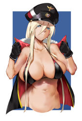 Rule 34 | 1girl, azur lane, bakkanki, bikini, bismarck (azur lane), black bikini, black gloves, blonde hair, blue eyes, breasts, cape, cleavage, closed mouth, commentary request, cropped torso, expressionless, eyes visible through hair, fur-trimmed cape, fur trim, gloves, groin, hair between eyes, hat, highres, large breasts, long hair, looking at viewer, military, navel, outside border, peaked cap, revision, skindentation, solo, stomach, swimsuit