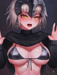 Rule 34 | 1girl, absurdres, artist name, bikini, bikini top only, black bikini, black sweater, blush, breasts, clothes lift, fate/grand order, fate (series), grey hair, headpiece, highres, jeanne d&#039;arc (fate), jeanne d&#039;arc alter (fate), large breasts, long sleeves, looking at viewer, open mouth, shiny clothes, shiny skin, short hair, skindentation, solo, sweat, sweater, sweater lift, swimsuit, vana, yellow eyes