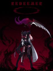 Rule 34 | 1girl, black eyes, black footwear, black gloves, black hair, boots, chain, coat, cross, dungeon and fighter, english text, glint, gloves, glowing, glowing eye, gradient background, hair between eyes, half gloves, highres, holding, holding scythe, holding weapon, horns, lens flare, long hair, pinkboy, scythe, shadow, skull, sleeves rolled up, smile, standing, torn clothes, torn coat, weapon, white coat, zipper, zipper pull tab