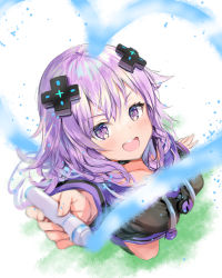 Rule 34 | 1girl, :d, adult neptune, aisu (icicleshot), arm up, black choker, black jacket, blush, breasts, choker, d-pad, d-pad hair ornament, from above, full body, hair between eyes, hair ornament, happy, heart, highres, holding, hood, hooded jacket, jacket, long hair, looking at viewer, looking up, medium breasts, neptune (series), open mouth, painting (action), shin jigen game neptune vii, smile, solo, teeth, upper teeth only, usb, very long hair, zipper pull tab