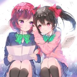 Rule 34 | 10s, 2girls, black hair, black socks, blazer, bow, bowtie, cardigan, earphones, green bow, green bowtie, hair bow, holding, holding paper, jacket, kneehighs, long sleeves, looking at another, love live!, love live! school idol project, miniskirt, multiple girls, nishikino maki, paper, papers, parted lips, purple eyes, red bow, red hair, repi, school uniform, shared earphones, sheet music, short hair, sitting, skirt, smile, socks, striped bow, striped bowtie, striped clothes, striped neckwear, swept bangs, twintails, yazawa nico