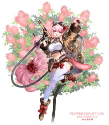 Rule 34 | 1girl, :d, arm up, belt, bow, brown jacket, brown shorts, clenched hand, flower, flower knight girl, footwear bow, full body, gears, goggles, goggles on head, hair ornament, hair scrunchie, halterneck, holding, holding weapon, jacket, long hair, looking at viewer, low-tied long hair, name connection, navel, object namesake, open mouth, pink eyes, pink hair, red bow, red scrunchie, scrunchie, shiny clothes, shiny skin, shoes, shorts, simple background, smile, smoke tree (flower knight girl), solo, thighhighs, tree, very long hair, weapon, white background, white belt, white thighhighs, yuasa akira
