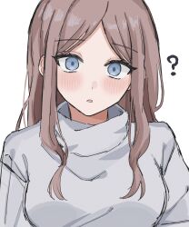 1girl ? bang_dream! bang_dream!_it&#039;s_mygo!!!!! blue_eyes blush breasts brown_hair commentary grey_sweater highres long_hair long_sidelocks looking_at_viewer lrzalice medium_breasts nagasaki_soyo open_mouth parted_bangs sidelocks simple_background solo sweater turtleneck turtleneck_sweater upper_body white_background