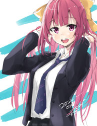 Rule 34 | 1girl, alternate costume, blazer, blue necktie, bow, breasts, collared shirt, dated, hair bow, hands in hair, highres, jacket, kamikaze (kancolle), kantai collection, long hair, long sleeves, necktie, one-hour drawing challenge, open mouth, pink eyes, pink hair, shirt, signature, simple background, skirt, solo, striped necktie, striped neckwear, upper body, usami (50-point caliper), white shirt