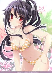 Rule 34 | 1girl, absurdres, bare arms, bare shoulders, bikini, black hair, blush, breasts, cleavage, closed mouth, collarbone, hand on own hip, highres, large breasts, long hair, looking at viewer, nanaroba hana, navel, original, ponytail, red eyes, scan, shiny skin, simple background, solo, stomach, swimsuit, thighs
