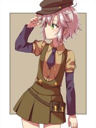 Rule 34 | 1girl, alternate costume, arm at side, border, brown hat, casual, chihiro (chihiro3399), closed mouth, collared shirt, commentary, cowboy shot, dress, eiyuu densetsu, expressionless, fie claussell, green dress, green eyes, grey hair, hair between eyes, hand up, hat, highres, juliet sleeves, light blush, light brown background, long sleeves, looking to the side, peaked cap, puffy sleeves, sen no kiseki, shirt, short hair, simple background, sleeveless, sleeveless dress, solo, spiked hair, tsurime, white border, yellow shirt
