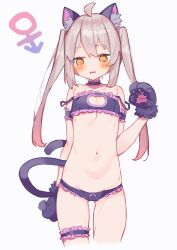 Rule 34 | 1girl, absurdres, ahoge, androgyne symbol, animal ear fluff, animal ears, animal hands, arm strap, blush, bra, breasts, bridal garter, cat cutout, cat ears, cat paws, cat tail, cleavage, clothing cutout, collarbone, fake animal ears, fake tail, genderswap, genderswap (mtf), highres, looking away, navel, off shoulder, onii-chan wa oshimai!, open mouth, oyama mahiro, panties, pink hair, purple bra, purple panties, red eyes, simple background, small breasts, standing, stomach, tail, thigh strap, thighs, tomo (ryo i so ), twintails, underwear, underwear only, white background