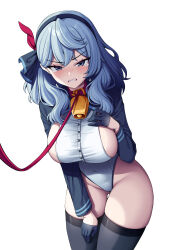 Rule 34 | 1girl, absurdres, ako (blue archive), bell, black thighhighs, blue archive, blue eyes, blue hair, blush, breast suppress, breasts, buttons, clenched teeth, collar, covered navel, gloves, gluteal fold, groin, hairband, half gloves, highres, korean commentary, large breasts, leash, leotard, long hair, looking at viewer, metaljelly, neck bell, sideboob, simple background, solo, tearing up, teeth, thighhighs, v-shaped eyebrows, white background, white leotard