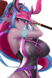 Rule 34 | 1girl, bare shoulders, belt, black one-piece swimsuit, blue hair, blush, body markings, bracelet, breasts, cleavage, collarbone, colored skin, covered navel, earrings, fate/grand order, fate (series), grey skin, hat, highleg, highleg swimsuit, highres, horns, ibuki douji (fate), ibuki douji (swimsuit berserker) (fate), ibuki douji (swimsuit berserker) (first ascension) (fate), jewelry, large breasts, long hair, looking at viewer, magatama, multicolored hair, oil-paper umbrella, one-piece swimsuit, oni, oni horns, pink hair, pink hat, pink one-piece swimsuit, pointy ears, ponytail, red eyes, sidelocks, smile, solo, sphere-stc, swimsuit, two-tone swimsuit, umbrella, visor cap, wristband