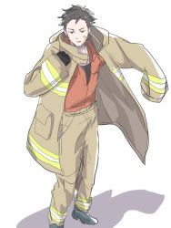 Rule 34 | 10s, 1boy, bad id, bad twitter id, bandaid, bandaid on face, black gloves, boots, brown coat, brown hair, brown pants, coat, dressing, firefighter, from above, gloves, idolmaster, idolmaster side-m, kimura ryu, male focus, pants, parted lips, red eyes, simple background, solo, standing, uniform, white background