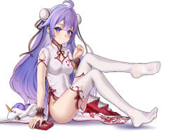 Rule 34 | 1girl, absurdres, azur lane, bad id, bad pixiv id, breasts, buko (bukosuki), closed mouth, covered navel, full body, hair ribbon, hand on floor, highres, japanese clothes, kimono, leg up, long hair, looking at viewer, nail polish, no shoes, on floor, purple eyes, purple hair, ribbon, sitting, small breasts, smile, soles, solo, thighhighs, unicorn (azur lane), unicorn (the gift of spring) (azur lane), white background, white kimono, white thighhighs
