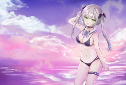 Rule 34 | 1girl, :d, arm up, bare arms, bare shoulders, bikini, black bikini, black ribbon, bow, breasts, cleavage, cloud, collar, commentary request, detached collar, fang, green eyes, grey hair, hair between eyes, hair ribbon, highres, horizon, kiyui (honey citron), looking at viewer, medium breasts, navel, ocean, open mouth, original, purple bow, ribbon, smile, solo, standing, sunset, swimsuit, twintails, water, white collar, wing collar